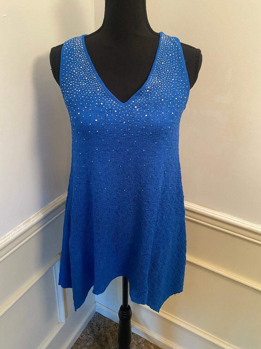 Vocal Apparel Y2K Tunic Top Mini Dress Sleeveless Crinkle Asymmetrical Hem